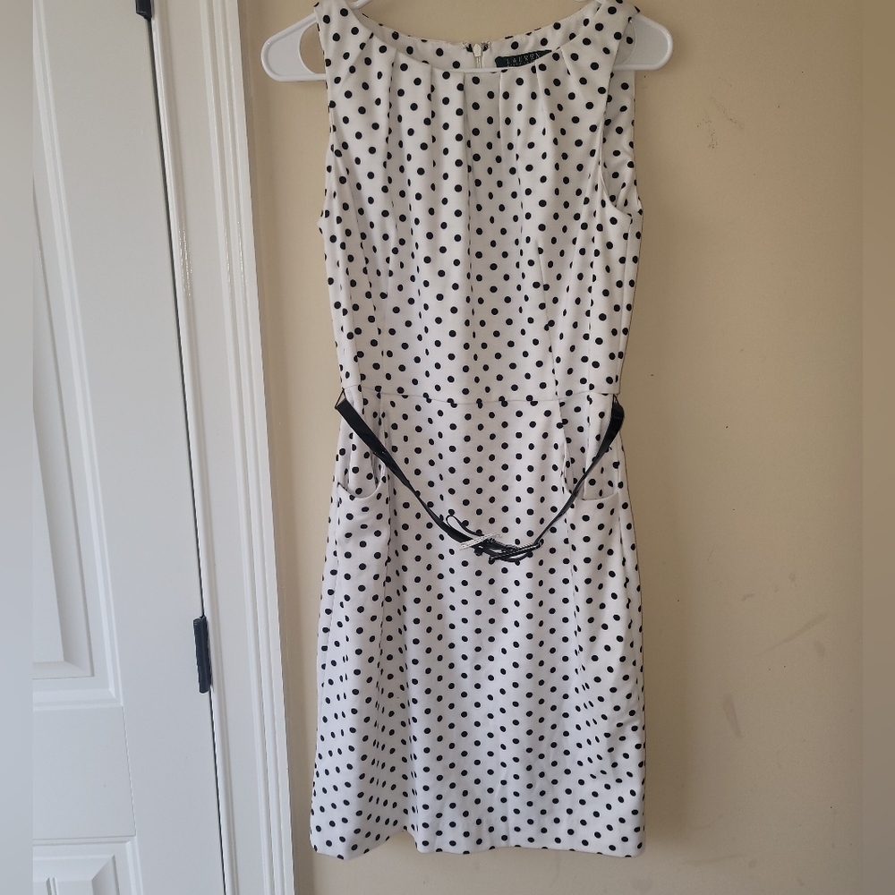 NWOT Lauren Ralph Lauren Sleeveless White Black Polka-Dot Belted Dress